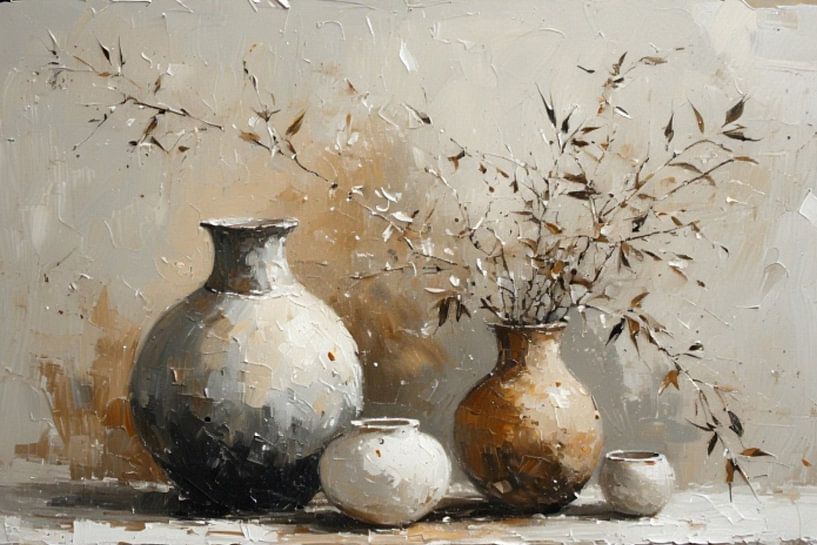 ein stillleben wabi sabi /japandi vasen mit braun grün weißen zweigen von J.a Dijkstra