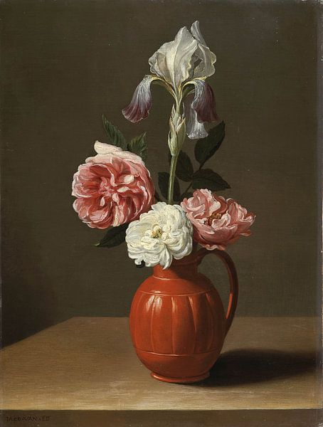 An iris and three roses in an earthenware pot, Jacob Foppens van Es by Masterful Masters