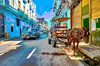 Typische Straßenszene mit Oldtimer und Pferdewagen in Havanna, Kuba