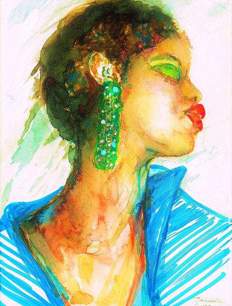 African woman with green earring. Watercolour hand-painted. by Ineke de Rijk