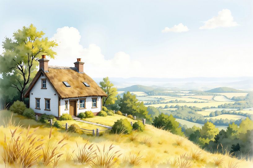 Cottage idyllique au toit de chaume surplombant une vallée ensoleillée par Markus Gann