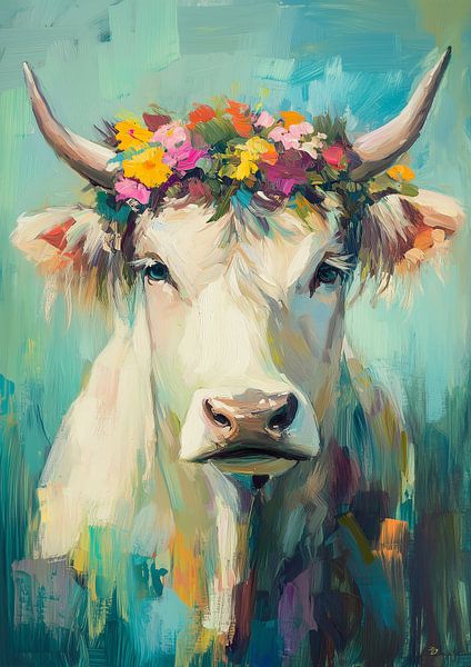 Cow with crown of flowers by Liv ter Riet