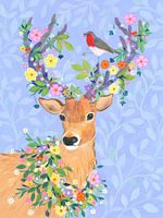 Cerf avec des bois floraux et un oiseau