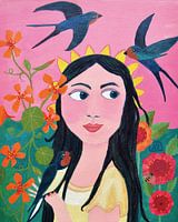 Buntes Frauenporträt | Mädchen im Garten mit Schwalben, Zinnie und ostindischer Kirsche