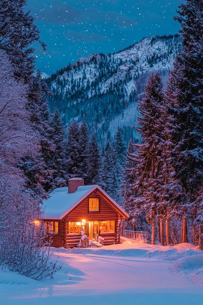 Winterhütte Nacht von Poster Art Shop