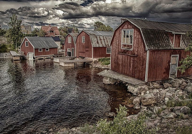 Sweden landscape red fishermenhouses on the sea by Evelien van der Horst