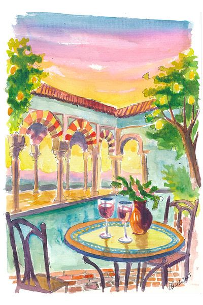 Romantic Andalusian patio at sunset with pool and table for two by Markus Bleichner