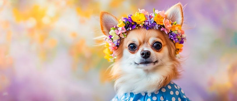 Chihuahua mit Blumenkranz – Bunt und Fröhlich von Poster Art Shop