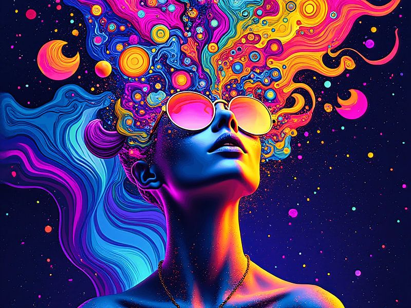 Surreal psychedelic portrait of a woman with glasses by The Photo Artist