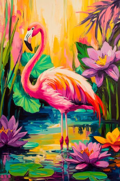 Kleurrijke flamingo in een vijver met lelies van Poster Art Shop