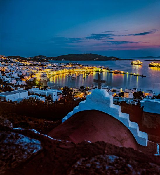 Chapel over the harbour,cruise ships, Mykonos town, Mykonos, Greece by Rene van der Meer