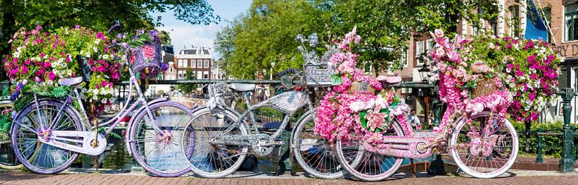Amsterdam im Sommer: Fahrräder und Blumenpracht auf einer Brücke über der Gracht in der schönen holländischen Metropole von AidasignArt