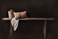 antique chinese wooden bench with grayed pastel colored kelim cushion