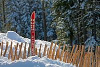 Une clôture d'hiver et un vieux ski
