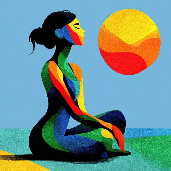 Woman Meditation | Woman in Rainbow Colors and Bright Sun by OMG Art