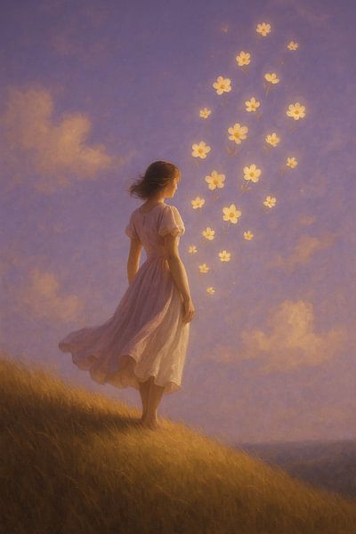 Light as Desire - Girl in the evening breeze with flowers by Kleurenrijk
