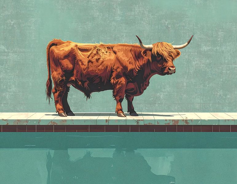 Schottische Hochlandkuh am Pool 1 von 4 von Emiel de Lange