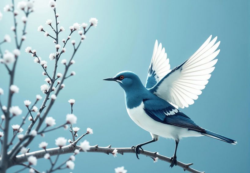 Blauer und weißer Vogel auf blühendem Zweig von Markus Gann