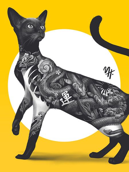 Japanische Katze Tattoo Gelb von Mark Harrison