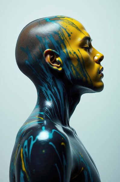 Model poseert met kleurrijke bodypaint in een studio van Markus Gann