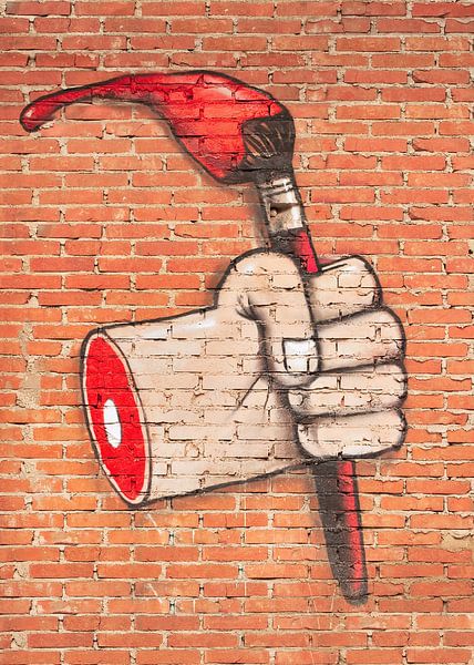 Expressive street art on a brick wall by Tony Vingerhoets