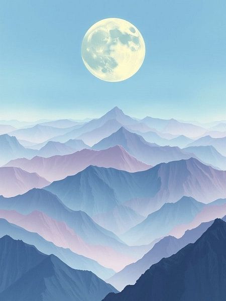 Die Umarmung des Vollmonds über den ruhigen Lavendel- und Indigobergketten von Artistic