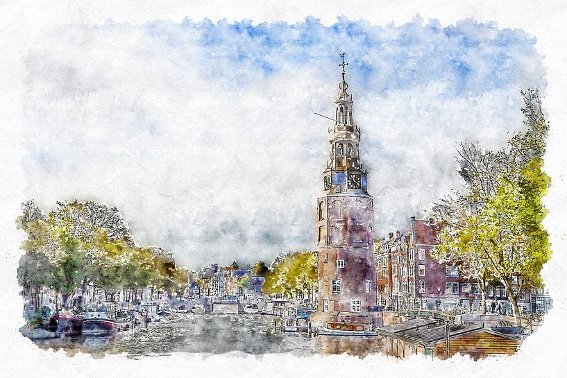 Le clocher de la vieille église d'Amsterdam (aquarelle) par Art by Jeronimo