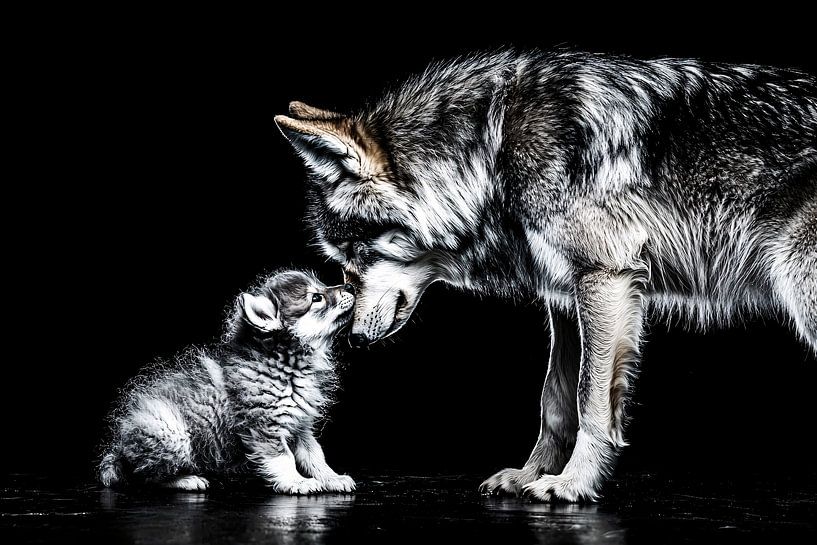 Wolf and pup black and white by Imperial Art House