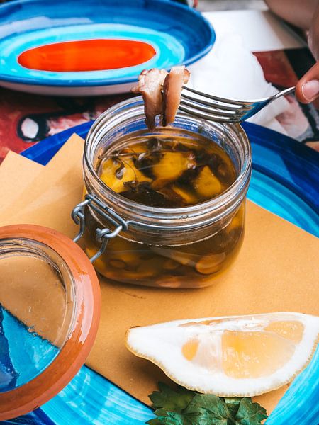 Slow cooked octopus on coloured plates in an Italian Taverna Amalfi, Italy by Michiel Dros