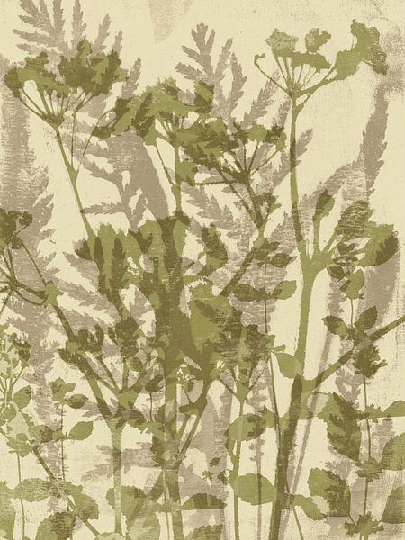 Japandi botanische kunst in groen, taupe en wit van Abstract Minimalist Art