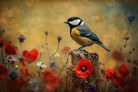 Kohlmeise-Gemälde mit roten Mohnblumen