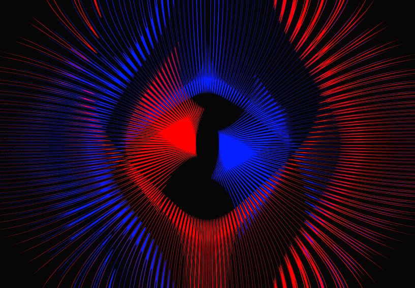 Rood en blauw stralende vormen op zwart par Leo Huijzer
