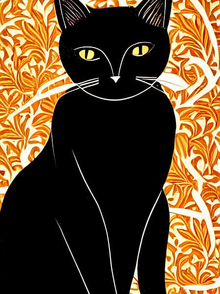 Schwarze Katze mit orangefarbenen dekorativen Muster - digitale Illustration von Lily van Riemsdijk - Art Prints with Color