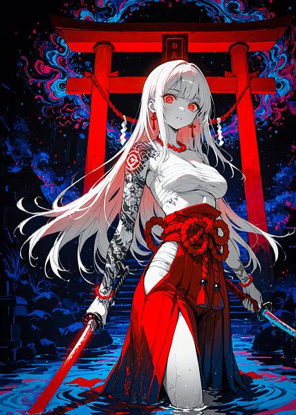 White Hair Anime Samurai Girl Torii Gate Japan by Ruzerin