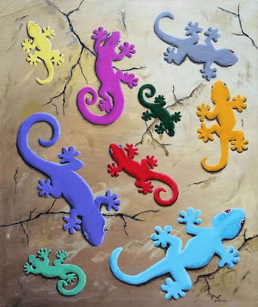 Colourful lizards climbing a wall, motif 1 by Sandra Steinke