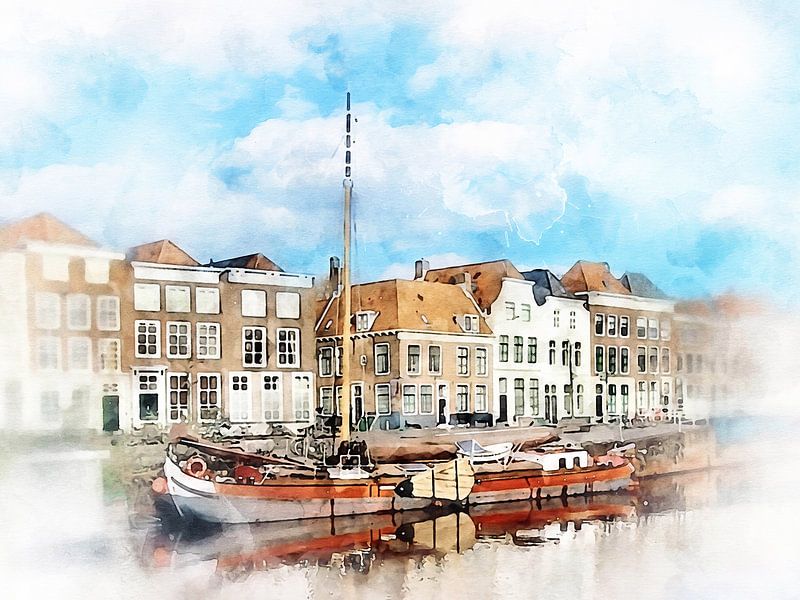 Aquarell des Rouaansekaai in Middelburg, Zeeland von Danny de Klerk
