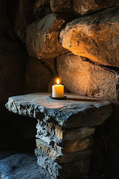 Bougie allumée sur une table en pierre par Art & Soul Creations