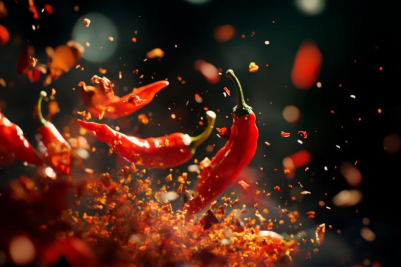 Schwebende rote Chilis in Action von Poster Art Shop