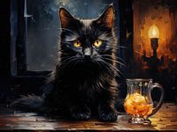 Chat noir et café de nuit, inspiré de Van Gogh