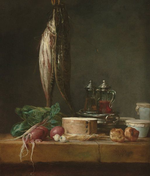 Stilleben mit Fisch, Gemüse, Gougères, Töpfen und Krügen auf einem Tisch, Jean-Siméon Chardin von Meisterhafte Meister