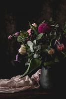 Bouquet of purple flowers and eucalyptus