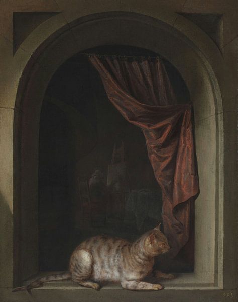 Katze, die auf der Kante eines Künstlerateliers kauert, Gerrit Dou von Meisterhafte Meister