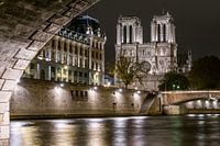 Notre Dame at night from under the bridge