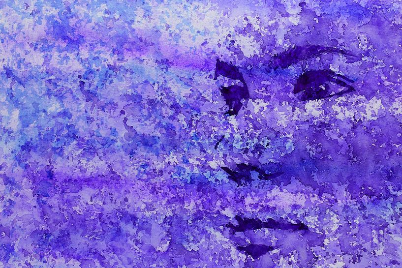 Im Universum (lila Aquarell Malerei Porträt Gesicht Frau schließen Augen Flecken Industrie) von Natalie Bruns