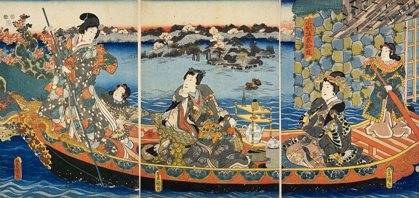 Kunisada, promenade en bateau sur la source d'eau thermale, 1852 par Atelier Liesjes