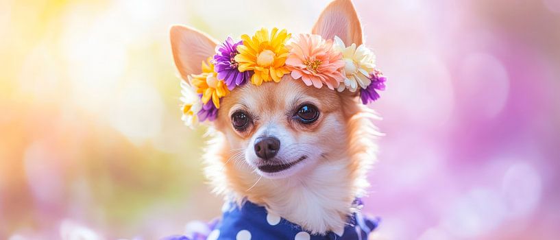 Chihuahua avec couronne de fleurs au soleil par Poster Art Shop