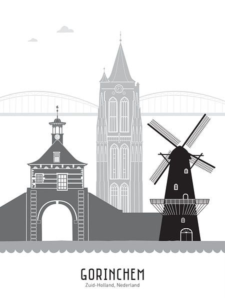 Skyline Illustration Stadt Gorinchem schwarz-weiß-grau von Mevrouw Emmer