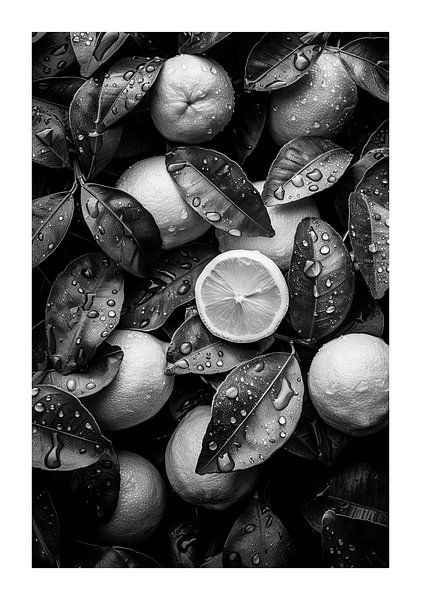 Citrons Frais Et Feuilles Avec Gouttes D'eau, Noir et Blanc par Poster Art Shop