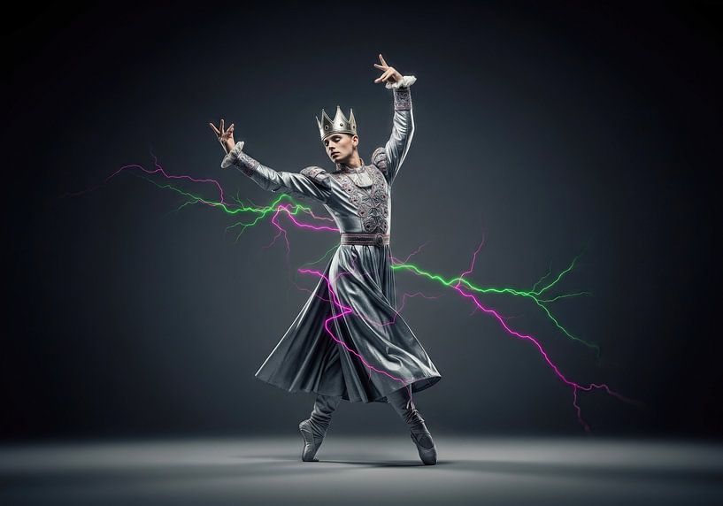 Männlicher Tänzer in silbernem Kostüm mit Krone und Blitzeffekten von Markus Gann