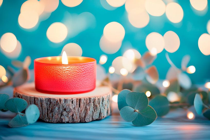 Rote Kerze mit Lichtern und Eukalyptus von Poster Art Shop